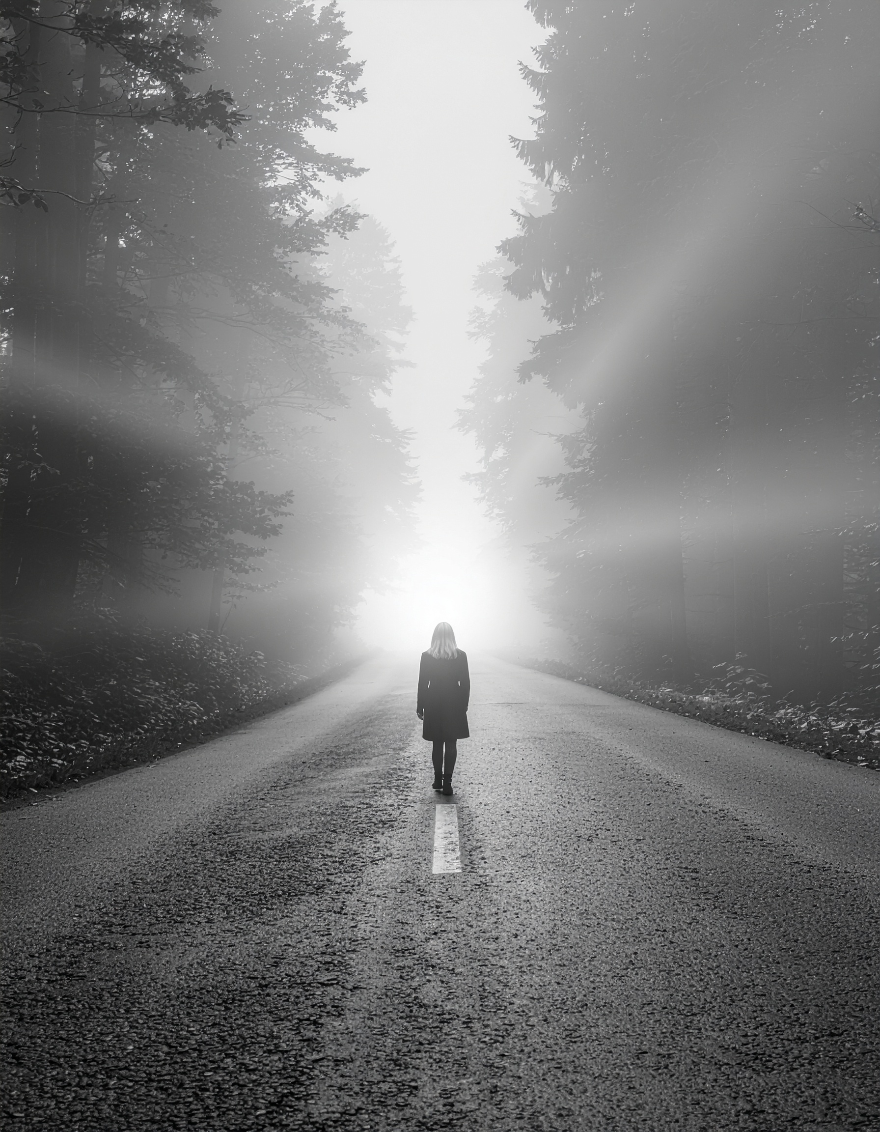 Hakkımda firefly a surreal black and white illustration of a single person walking alone on a foggy ro 180261