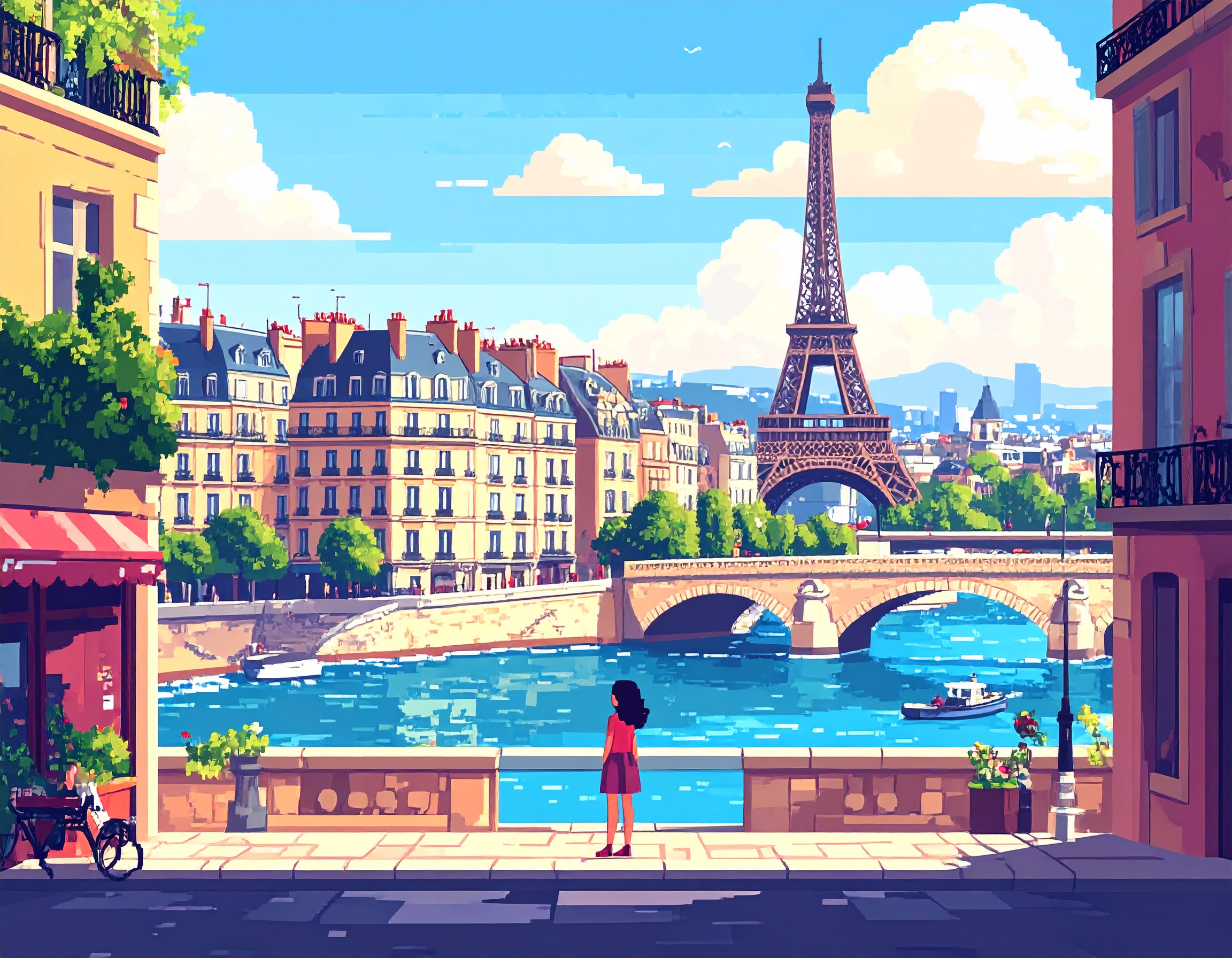 firefly pixel art french city collage showing paris buildings, toulouse streets, lyon bridges 716786