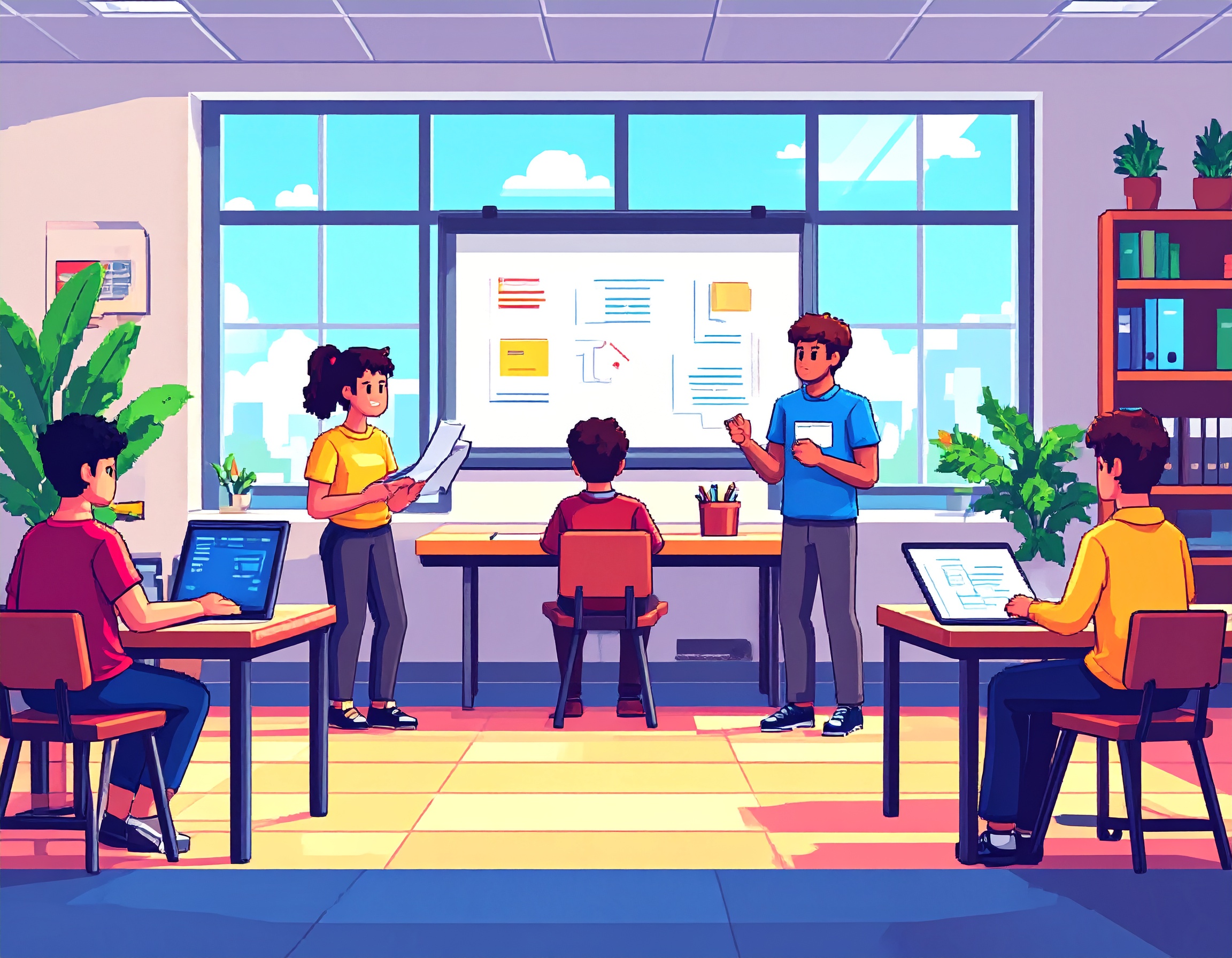 firefly pixel art classroom or workspace scene with a small group of students one presenting 716786