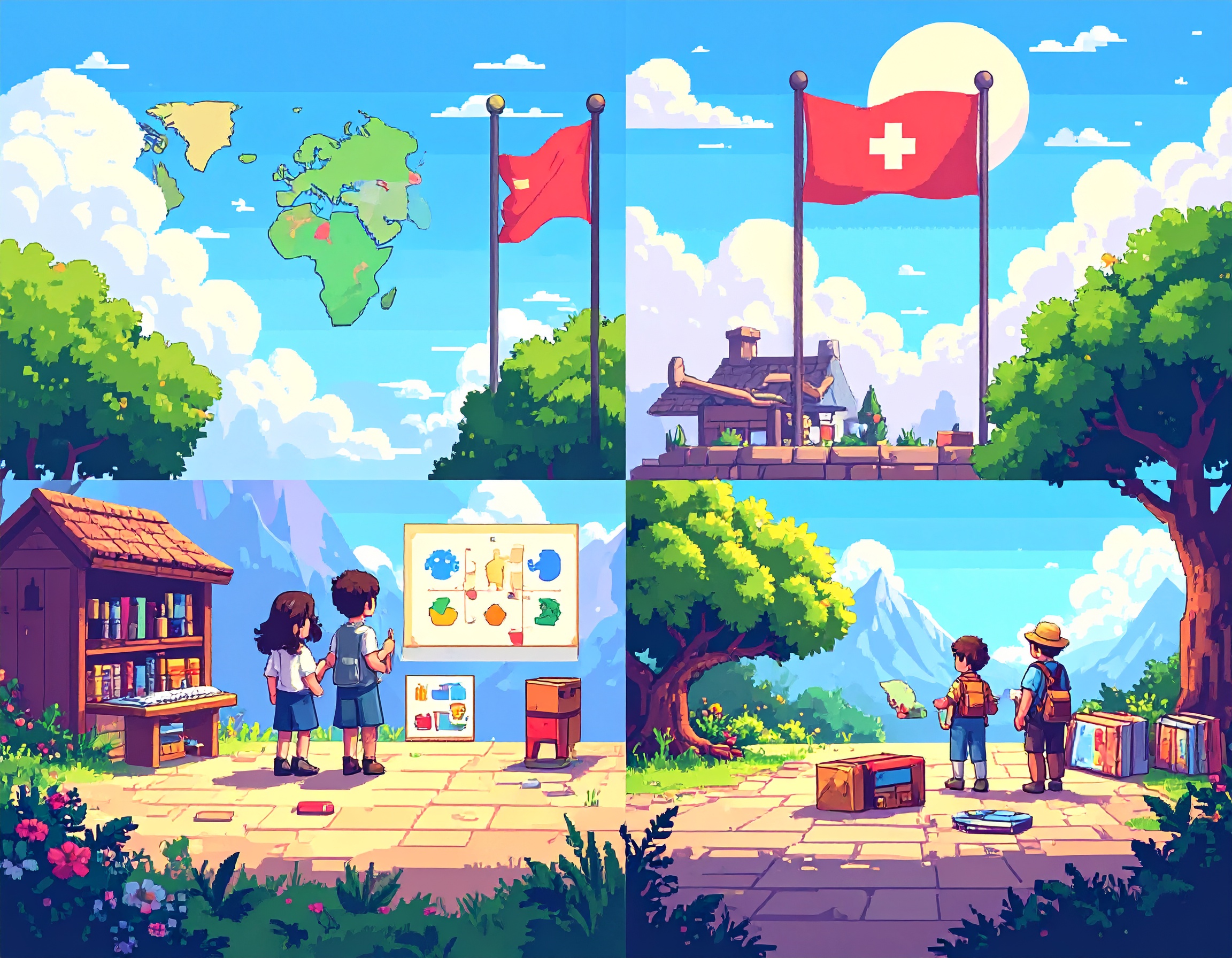 firefly pixel art collage of symbolic scenes exploring different cultures (small world map o 716786
