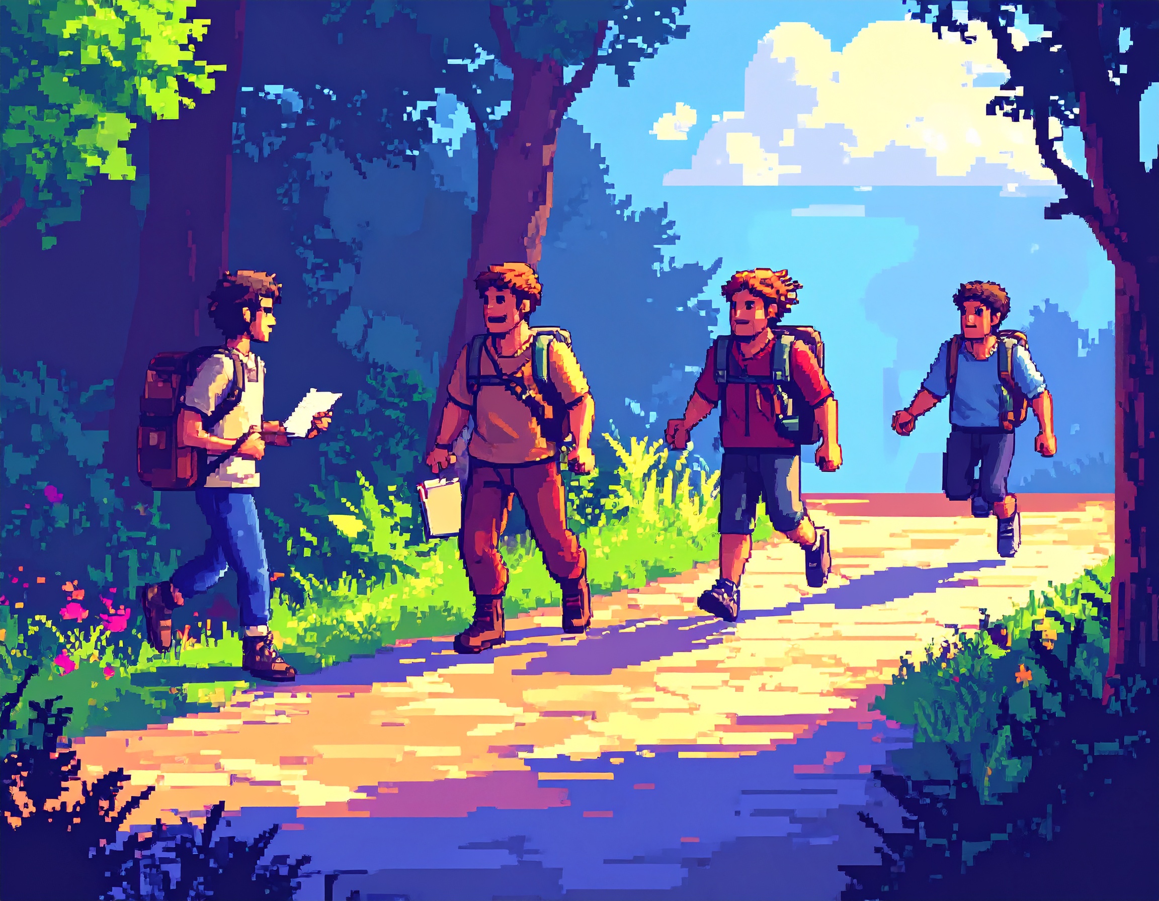 firefly pixel art depiction of four symbolic paths or characters one following a plan with n 716786