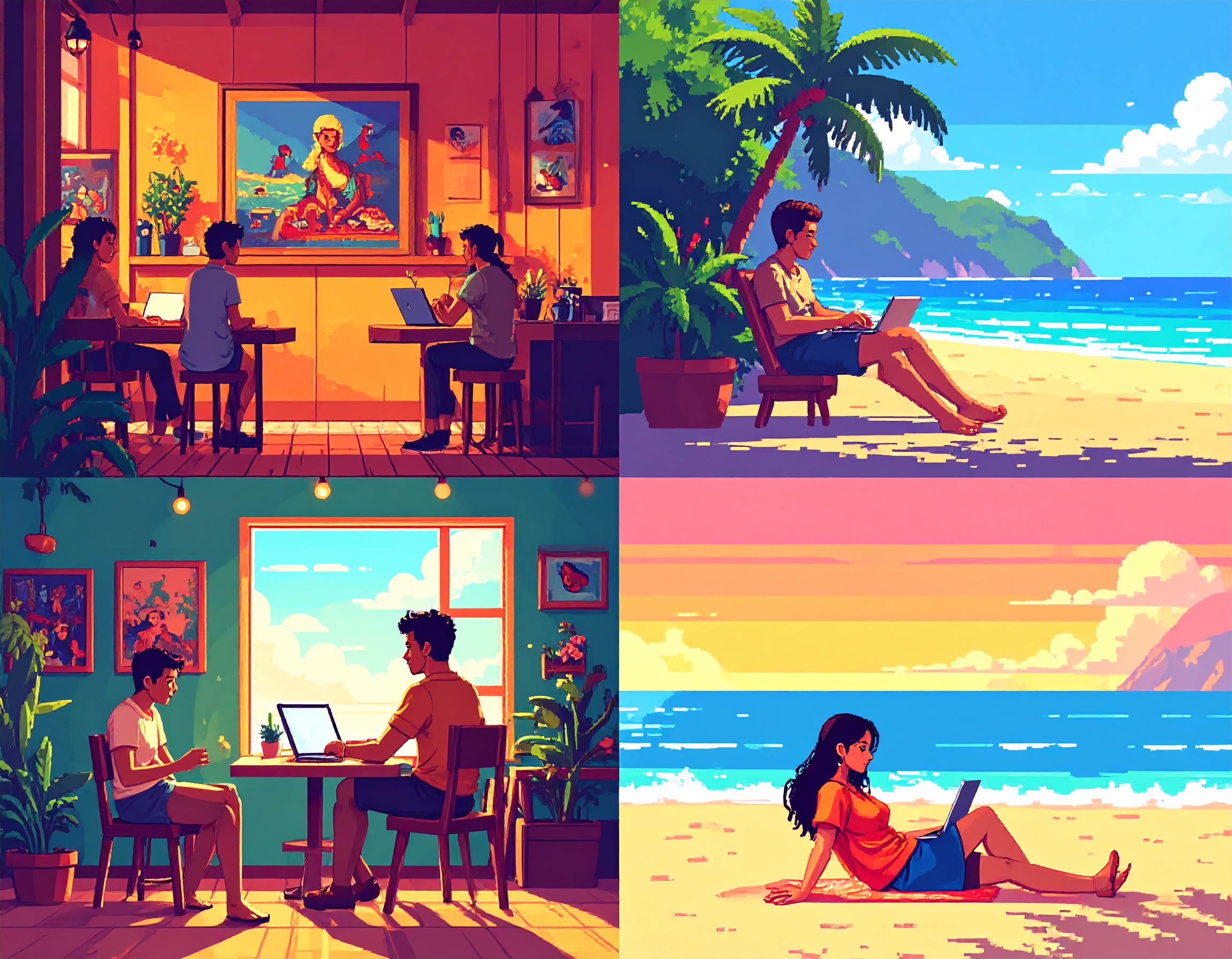 firefly pixel art illustration showing four small scenes representing hobbies a person visit 548874